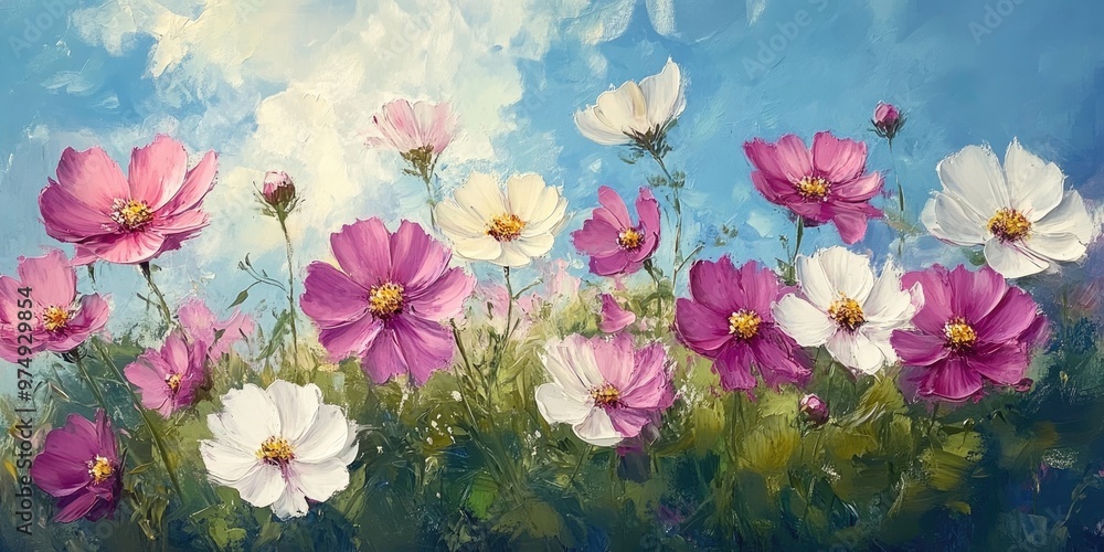 Oil painting of soft selective focus on vibrant pink and white cosmos flowers in a field set against a sky backdrop celebrating spring with ample copy space for text Oil painting of soft selective focus on vibrant pink and white cosmos flowers in a field set against a sky backdrop celebrating spring with ample copy space for text