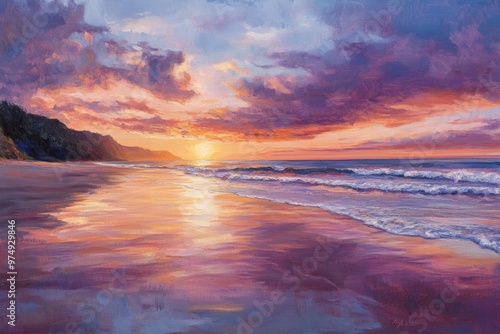 Oil painting showcasing a stunning sunset over a beach scene highlighting vibrant colors and serene coastal beauty