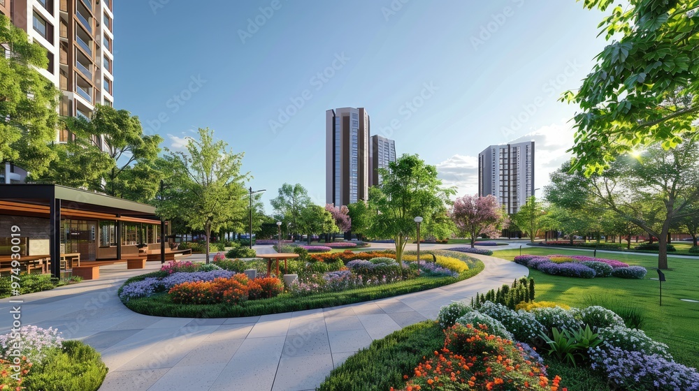 Fototapeta premium Modern residential complex with lush green spaces and high-rise buildings under a clear blue sky, showcasing urban outdoor living.