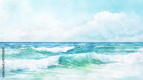 Tranquil ocean waves under a clear sky watercolor painting art.