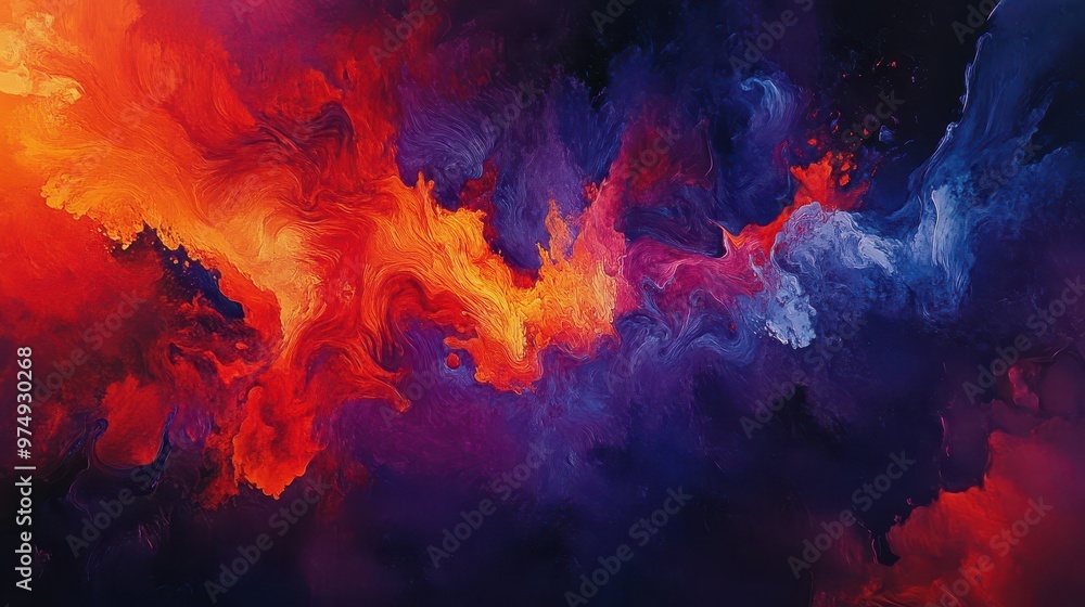 Fototapeta premium Abstract image of vibrant reds and oranges exploding into deep purples and blues, against a dark setting