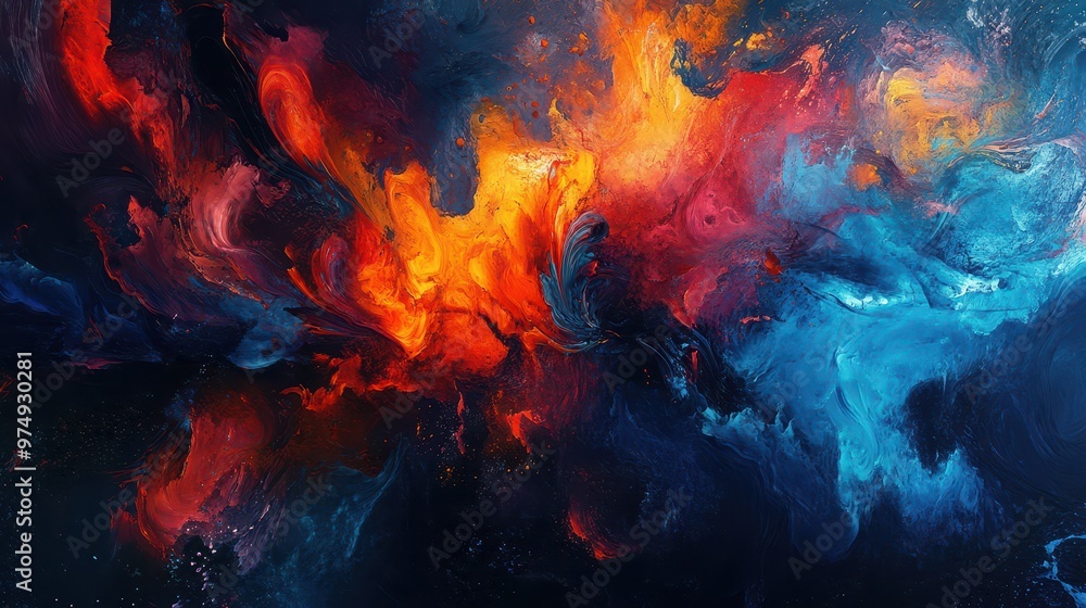 Abstract image of vibrant colors exploding from deep blues to fiery reds against a dark setting Abstract image of vibrant colors exploding from deep blues to fiery reds against a dark setting