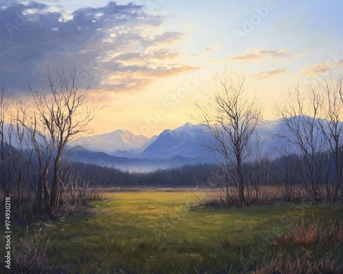 Oil painting depicting a serene landscape featuring green grass bare trees and mountains captured at sunset with backlighting