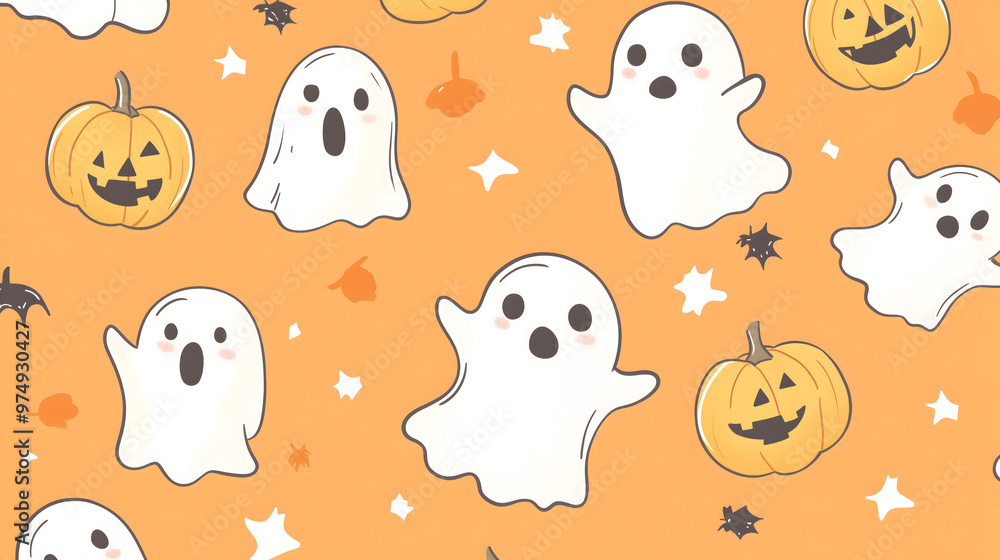 Pastel peach-colored simple cartoon Halloween background pattern with ghosts pumpkins bats on an orange background Pastel peach-colored simple cartoon Halloween background pattern with ghosts pumpkins bats on an orange background