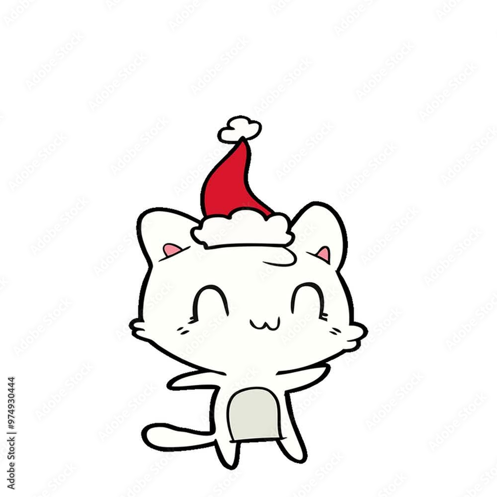hand drawn line drawing of a happy cat wearing santa hat hand drawn line drawing of a happy cat wearing santa hat