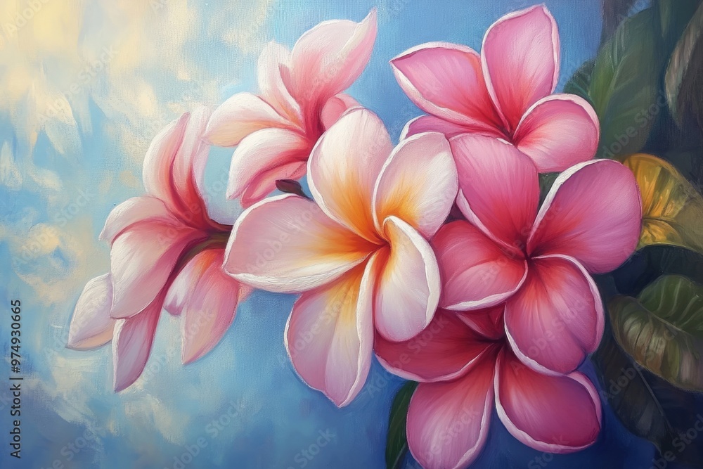 Fototapeta premium Pink Plumeria oil painting showcasing the beauty of this floral variety
