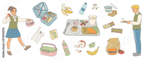 elementary school boy and girl and school nutrition set, food tray, lunchbox, burger, fruits, drinks