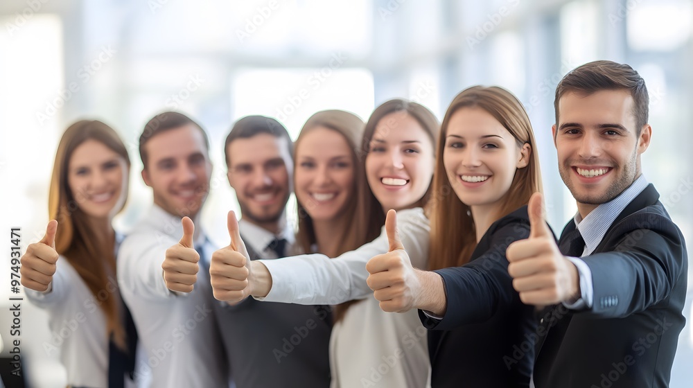 Smiling Business Team Giving Thumbs Up in Office Setting Smiling Business Team Giving Thumbs Up in Office Setting