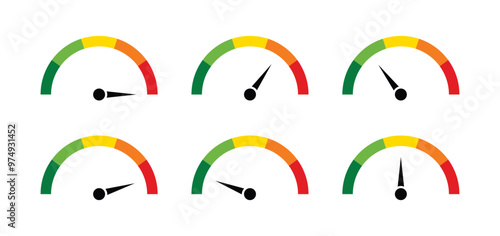 Speedometer icons with arrow. Dashboard with green, yellow and red indicators. tachometer. Low, medium, high and risk levels.