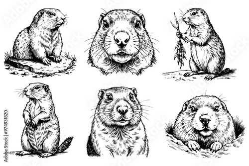 Set. Groundhog, cute animal on white background. Groundhog Day