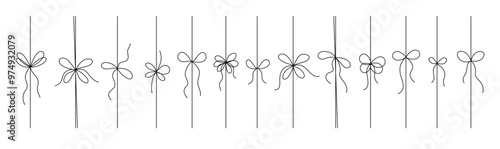 Gift ribbon Black line set, isolated. Thin bow for gift box decoration vector doodle illustration.