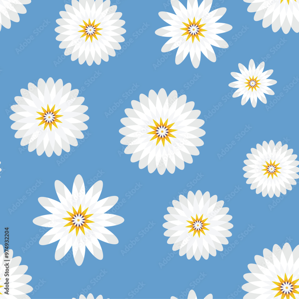 A pattern of white flowers with yellow centers on a blue background, ideal for fabric or wallpaper design. A pattern of white flowers with yellow centers on a blue background, ideal for fabric or wallpaper design.