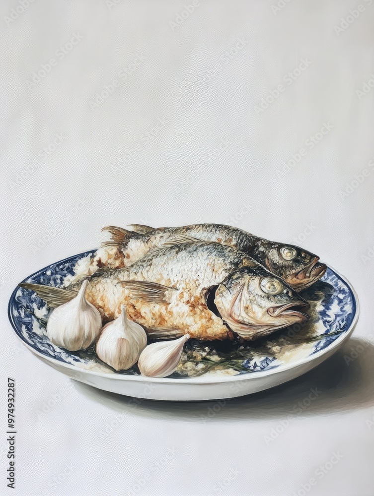 Oil painting showcasing a dish of fried fish accompanied by garlic set against a white background Oil painting showcasing a dish of fried fish accompanied by garlic set against a white background