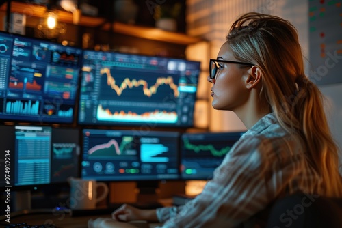 A woman is sitting at a desk with two computer monitors in front of her, generative ai image