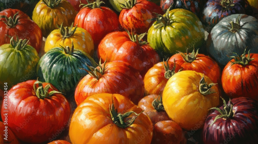 Vibrant oil painting showcasing a selection of fresh organic heirloom tomatoes in multiple colors Vibrant oil painting showcasing a selection of fresh organic heirloom tomatoes in multiple colors