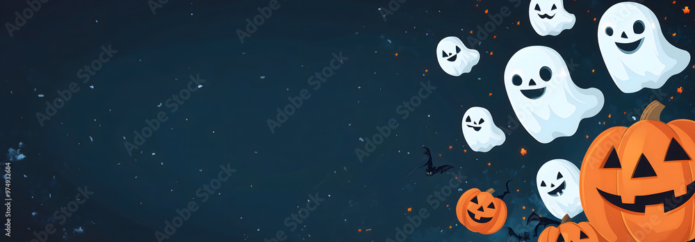 Fototapeta premium Banner for Halloween featuring pumpkins and bats cartoon Blue background