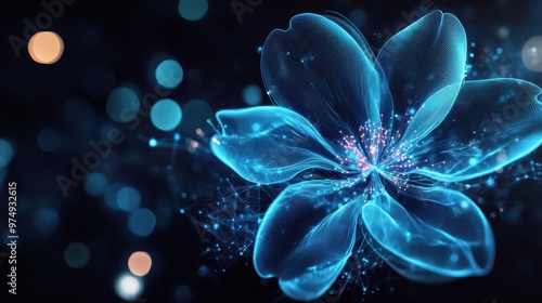 An abstract flower intertwined with neon blue lines, set against a dark background with subtle bokeh lights to symbolize the future of IT and technology photo