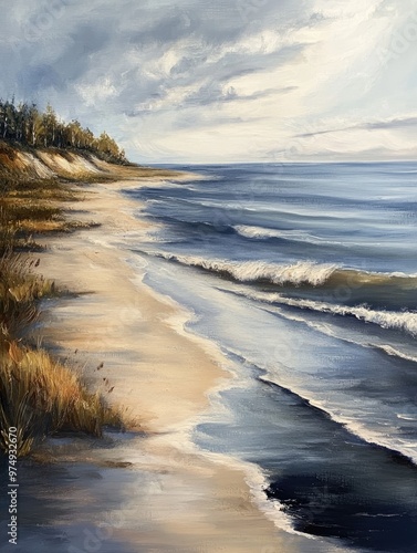 Oil painting depicting a serene shoreline scene by a tranquil sea highlighting the natural beauty of coastal landscapes