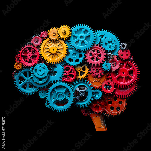 Brightly colored gears interlocking to form a human brain, creative machinery, business and innovation