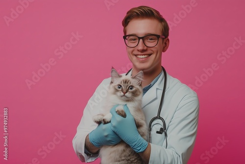 Veterinarian in lab coat and rubber gloves holding cat, isolated on solid color background, concept of pet care, animal health, professional veterinary service.