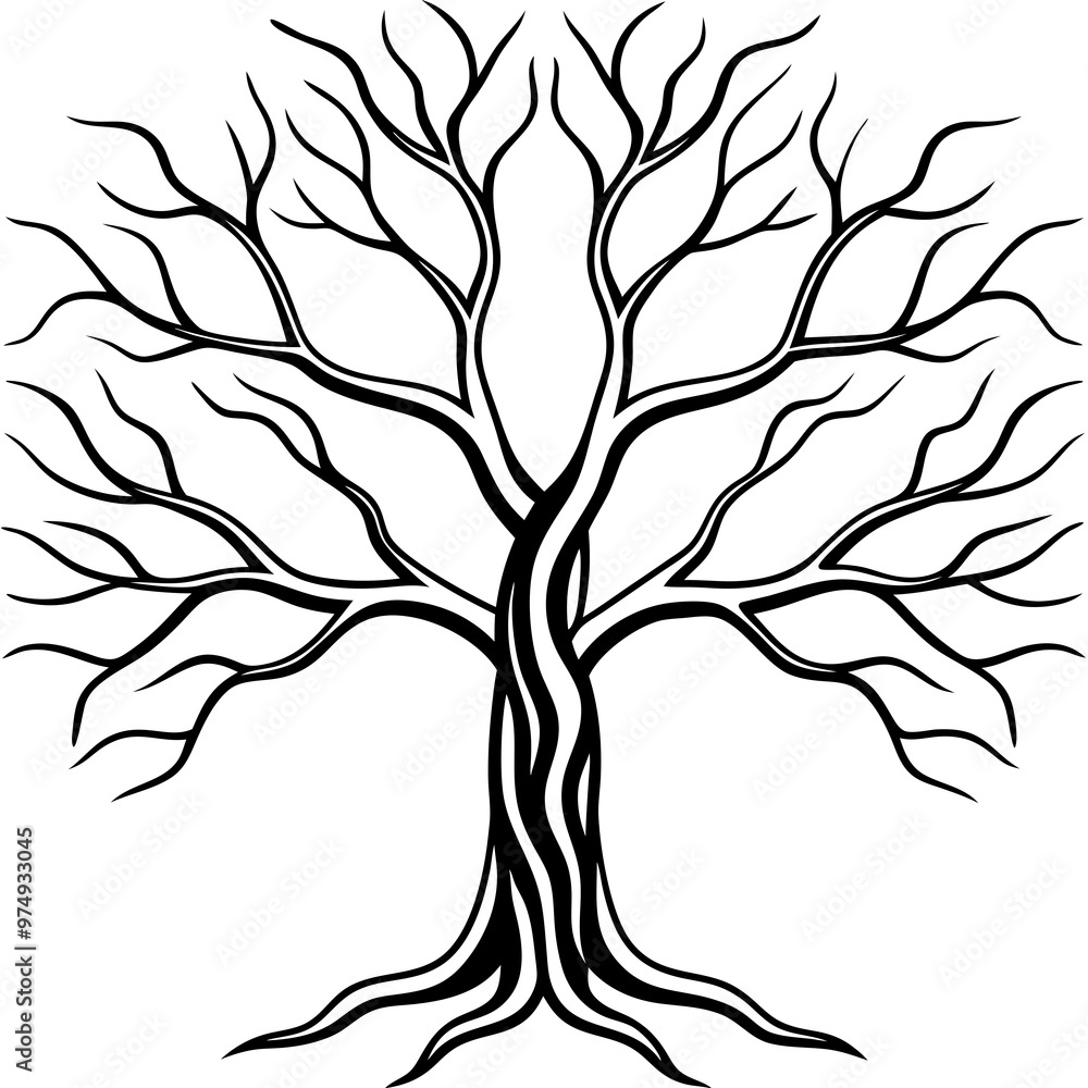 A tree with bare, twisting branches, featuring minimalist roots A tree with bare, twisting branches, featuring minimalist roots