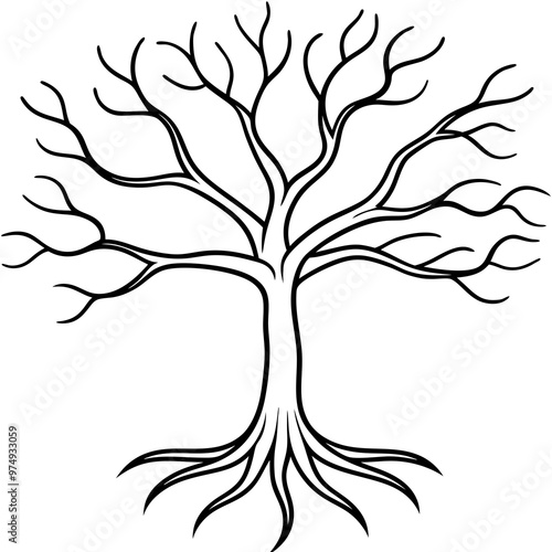 A tree with bare, twisting branches, featuring minimalist roots