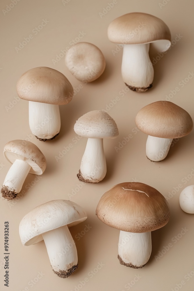A group of mushrooms are arranged in a circle on a tan background. The mushrooms vary in size and shape, with some being larger and others smaller A group of mushrooms are arranged in a circle on a tan background. The mushrooms vary in size and shape, with some being larger and others smaller