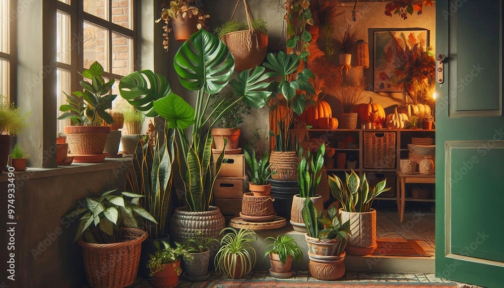 A cozy indoor garden space with an abundance of potted plants and warm lighting
A cozy indoor garden space with an abundance of potted plants and warm lighting