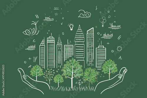 Urban greening initiatives and tree planting in city parks, hands outline concept. Sustainable neighborhood practices for eco-friendly living vector illustration.