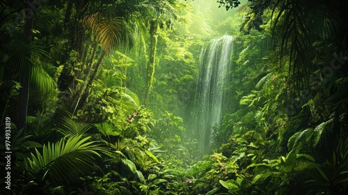 Lush Tropical Rainforest with Waterfall