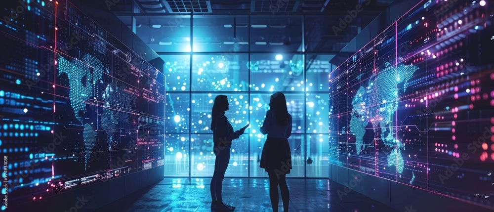 Two professionals standing in a high-tech futuristic room with data visualizations on digital screens, discussing analytics and technology.