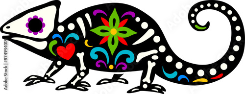 Dead Halloween skeleton, Mexican day of the dead chameleon animal tattoo tattoo. Isolated vector sugar skull reptilian. Dia de los Muertos tropical lizard figure with skeleton bones and floral pattern