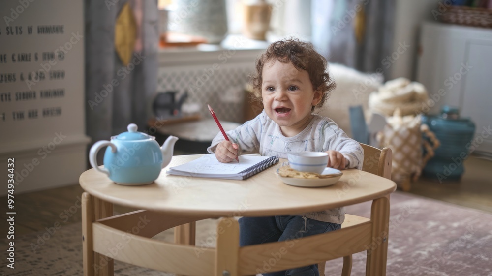 Cheerful Toddler Engaged in Drawing Activity Cheerful Toddler Engaged in Drawing Activity