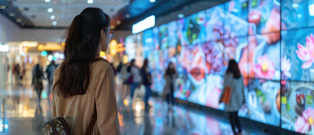Woman in mall gazing at large digital screen displaying vibrant visuals. Modern shopping center with bright, dynamic LED display technology. Woman in mall gazing at large digital screen displaying vibrant visuals. Modern shopping center with bright, dynamic LED display technology.