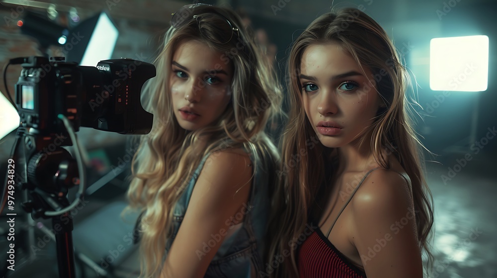 girls with makeup and clothes alluding to a music video recording in a studio while they dance girls with makeup and clothes alluding to a music video recording in a studio while they dance