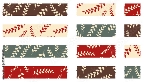 Set of colorful washi tapes with black leaves pattern isolated on white. Washi tape collection in vector. Pieces of decorative tape for albums. Torn paper