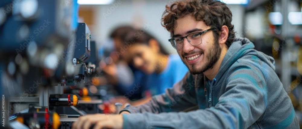 Young engineer working happily in a modern workshop with other colleagues in the background, focusing on an innovative project. Young engineer working happily in a modern workshop with other colleagues in the background, focusing on an innovative project.