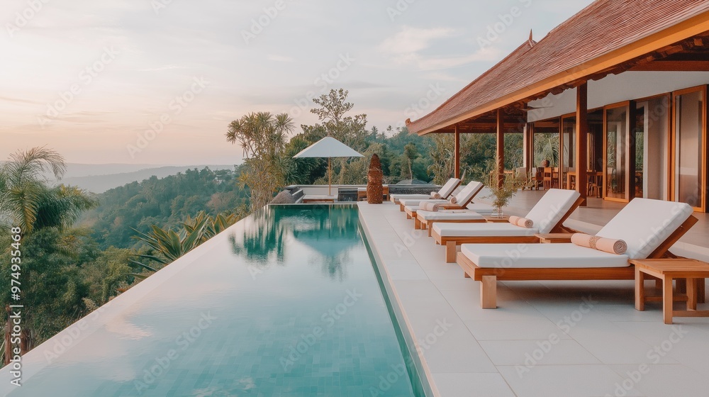 Fototapeta premium Luxurious infinity pool overlooking a serene tropical landscape at sunset. Elegant resort with palm trees.