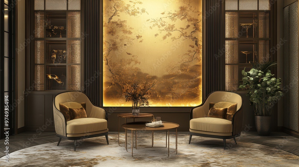 Fototapeta premium Bright gold accents on polished legendary wallpaper, softly illuminated, creating an elegant golden shine