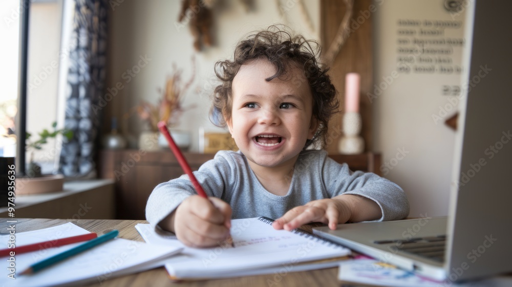 Cheerful Toddler Engaged in Drawing Activity Cheerful Toddler Engaged in Drawing Activity