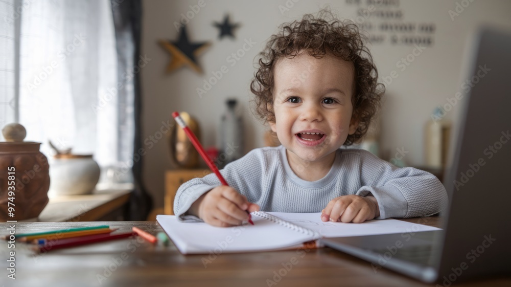 Cheerful Toddler Engaged in Drawing Activity Cheerful Toddler Engaged in Drawing Activity