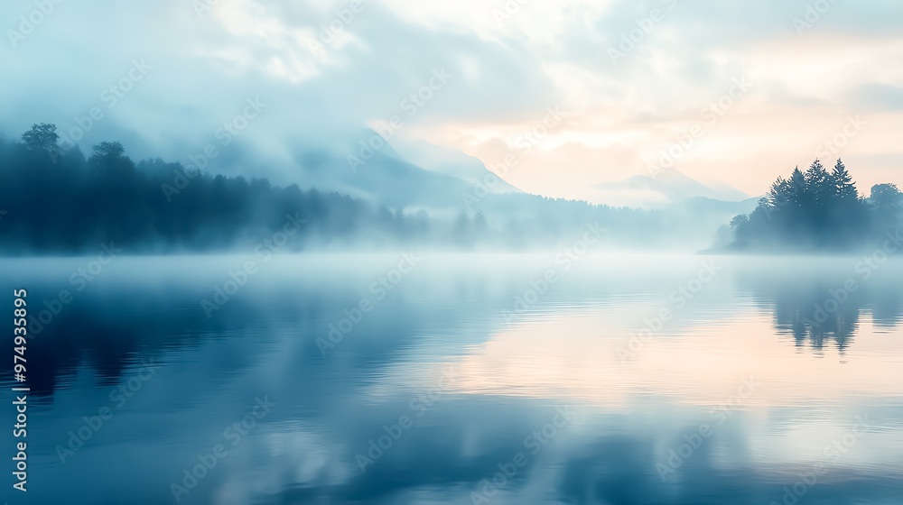 Obraz premium Drifting fog over a still lake at dawn, foggy weather, calm and ethereal