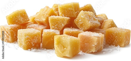 Close-up of frozen diced mango pieces, white background. photo