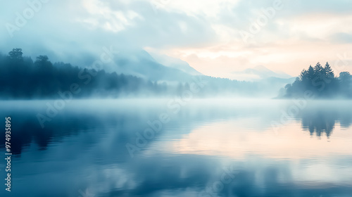 Wallpaper Mural Drifting fog over a still lake at dawn, foggy weather, calm and ethereal Torontodigital.ca