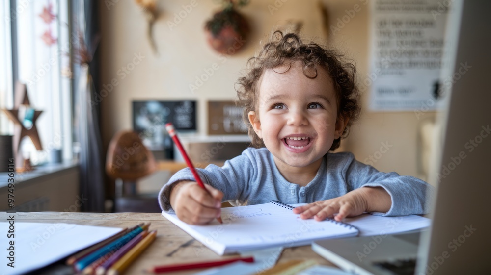 Cheerful Toddler Engaged in Drawing Activity Cheerful Toddler Engaged in Drawing Activity