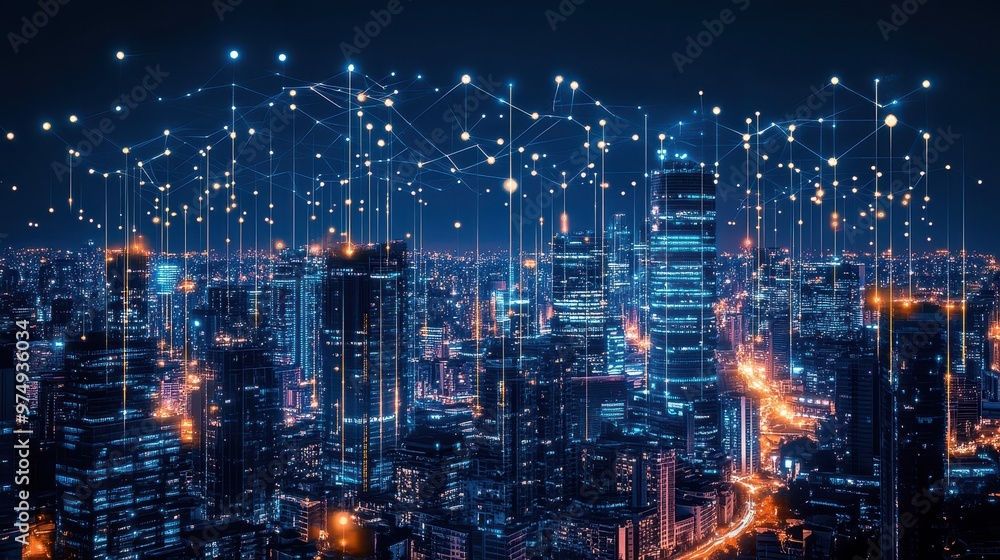 Obraz premium Cityscape with glowing AI data links connecting skyscrapers, symbolizing an interconnected future world of digital technology