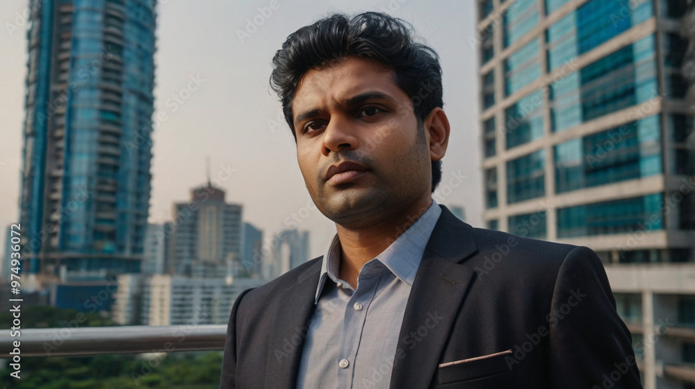 A confident south Asian Businessmen in Suit standing between Skyscraper, tall buildings A confident south Asian Businessmen in Suit standing between Skyscraper, tall buildings