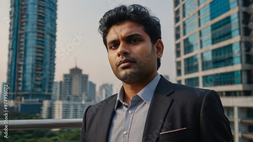 A confident south Asian Businessmen in Suit standing between Skyscraper, tall buildings