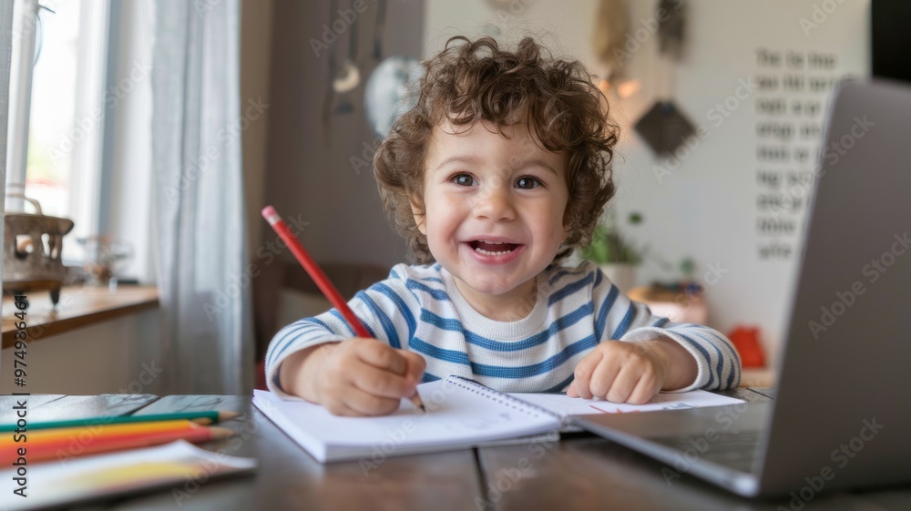 Cheerful Toddler Engaged in Drawing Activity Cheerful Toddler Engaged in Drawing Activity