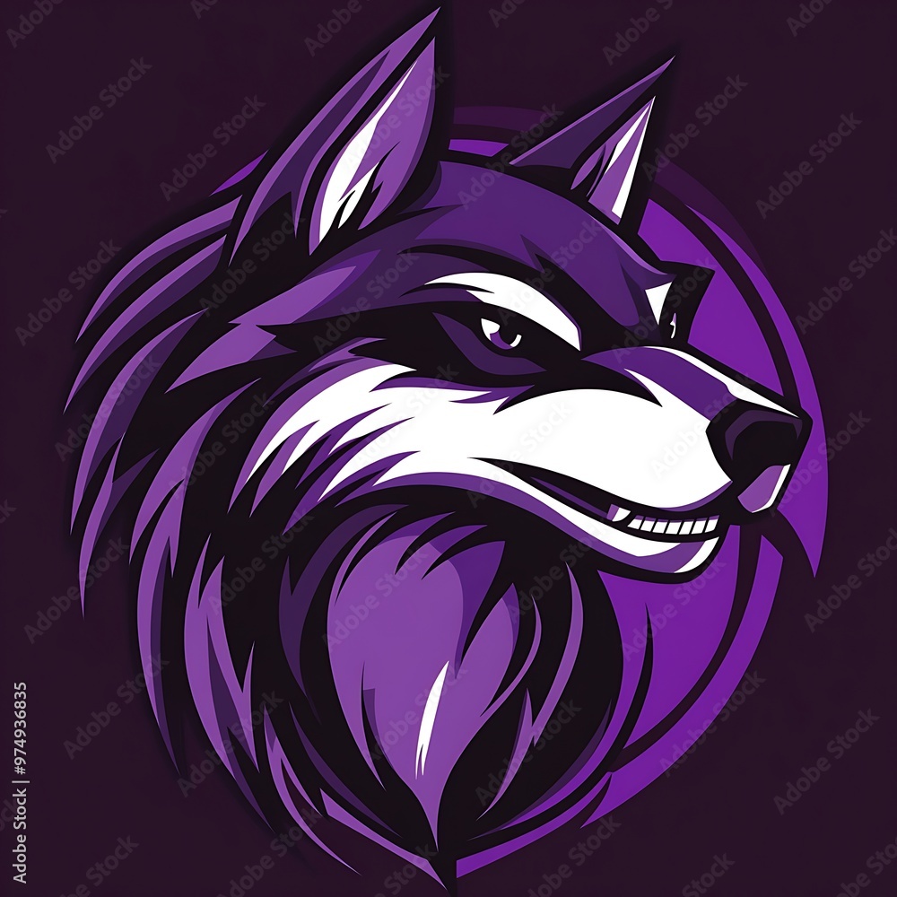 Purple Wolf Head Mascot Logo Design with Glowing Circle Background Purple Wolf Head Mascot Logo Design with Glowing Circle Background